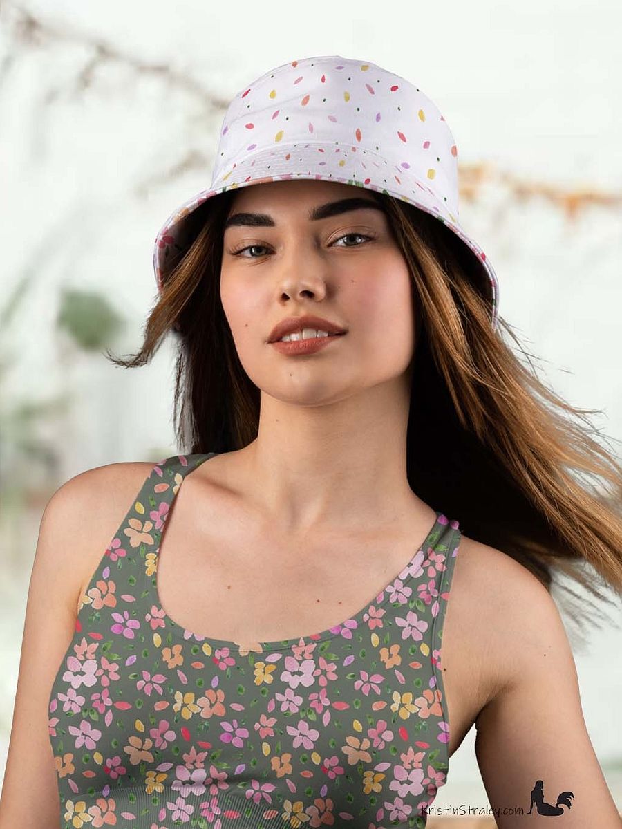 Spring Flowers on White Reversible Bucket Hat with Petal Confetti on White product image (4)