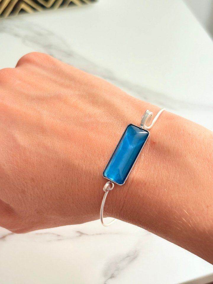 ⚡ Electric Tide Bangle | 6.5" Silver-Plated Wire Bracelet with Blue Rectangle Charm | Handmade Coastal Charm Jewelry by Monique Faella Designs™ | MFD-00173 product image (2)