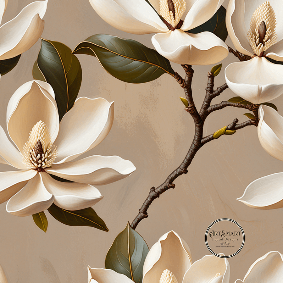 Seamless Pattern - Magnolia Pattern 3 on Beige Background product image (1)