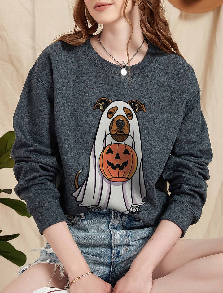 Funny Halloween Pitbull Terrier(Red) Sweatshirt | Funny Pittie Wearing a Ghost Costume and Holding a Pumpkin Basket product image (5)