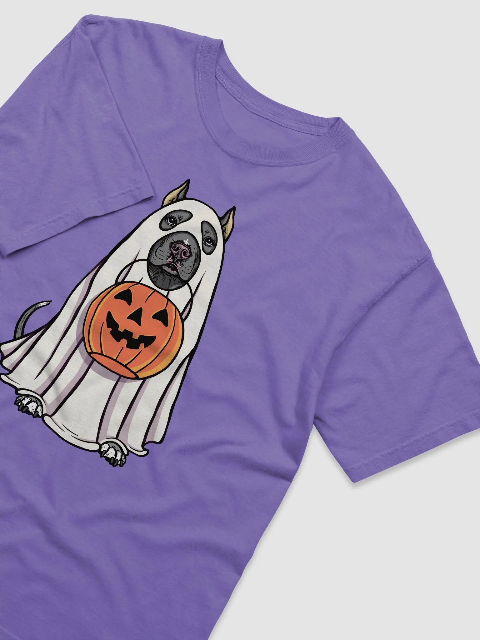 Funny Halloween Pitbull Terrier(Cropped Ears, Blue) T-Shirt | Funny Pittie Wearing a Ghost Costume and Holding a Pumpkin Basket product image (29)