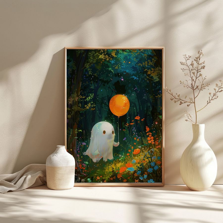 Cute Ghost with a Balloon Whimsical Halloween Art Print product image (3)