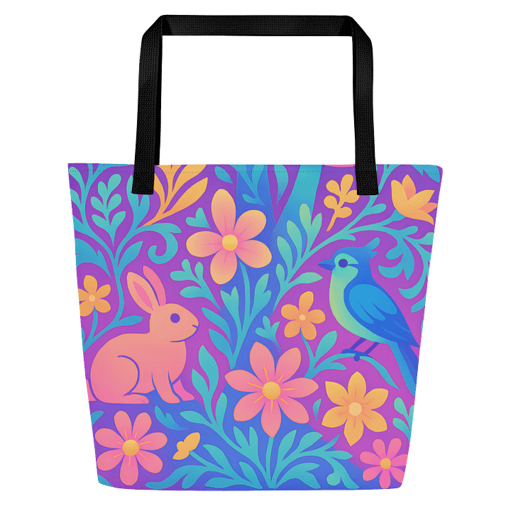 Chillwave Bunny & Bluebird Floral Tote Bag – Colorful Cute Aesthetic Reusable Bag with inside Pocket product image (1)