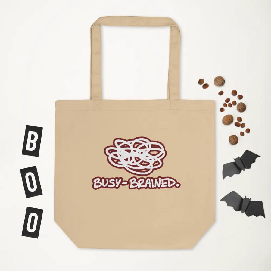 BUSY-BRAINED (lined design, #6D1616) tote bag product image (6)