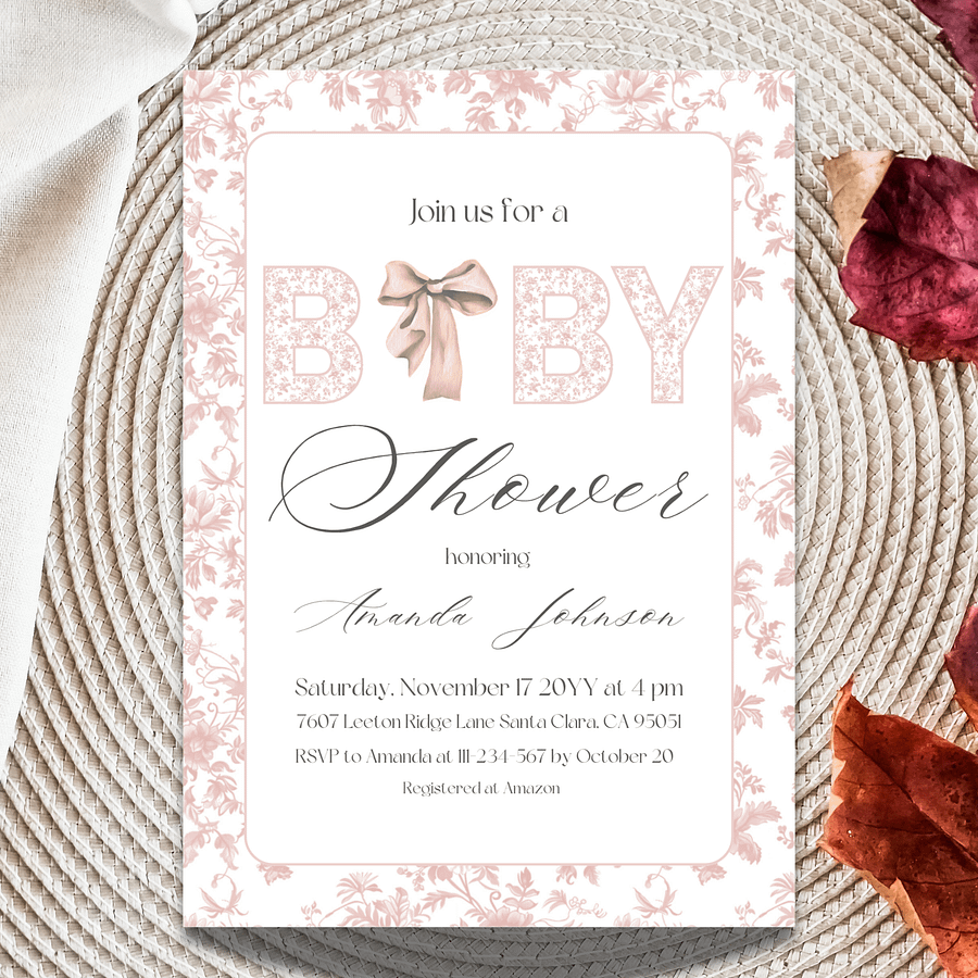 Pink Bow Toile de Jouy Baby Shower Invitation, Chinoiserie Floral Themed Girl Baby Shower Invite for Digital Download | Canva Template product image (1)