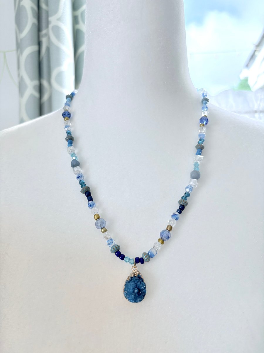 Seabreeze Blue Druzy Pendant Necklace | Handmade Glass Beaded Jewelry | Monique Faella Designs™ | MFD-00188 product image (2)