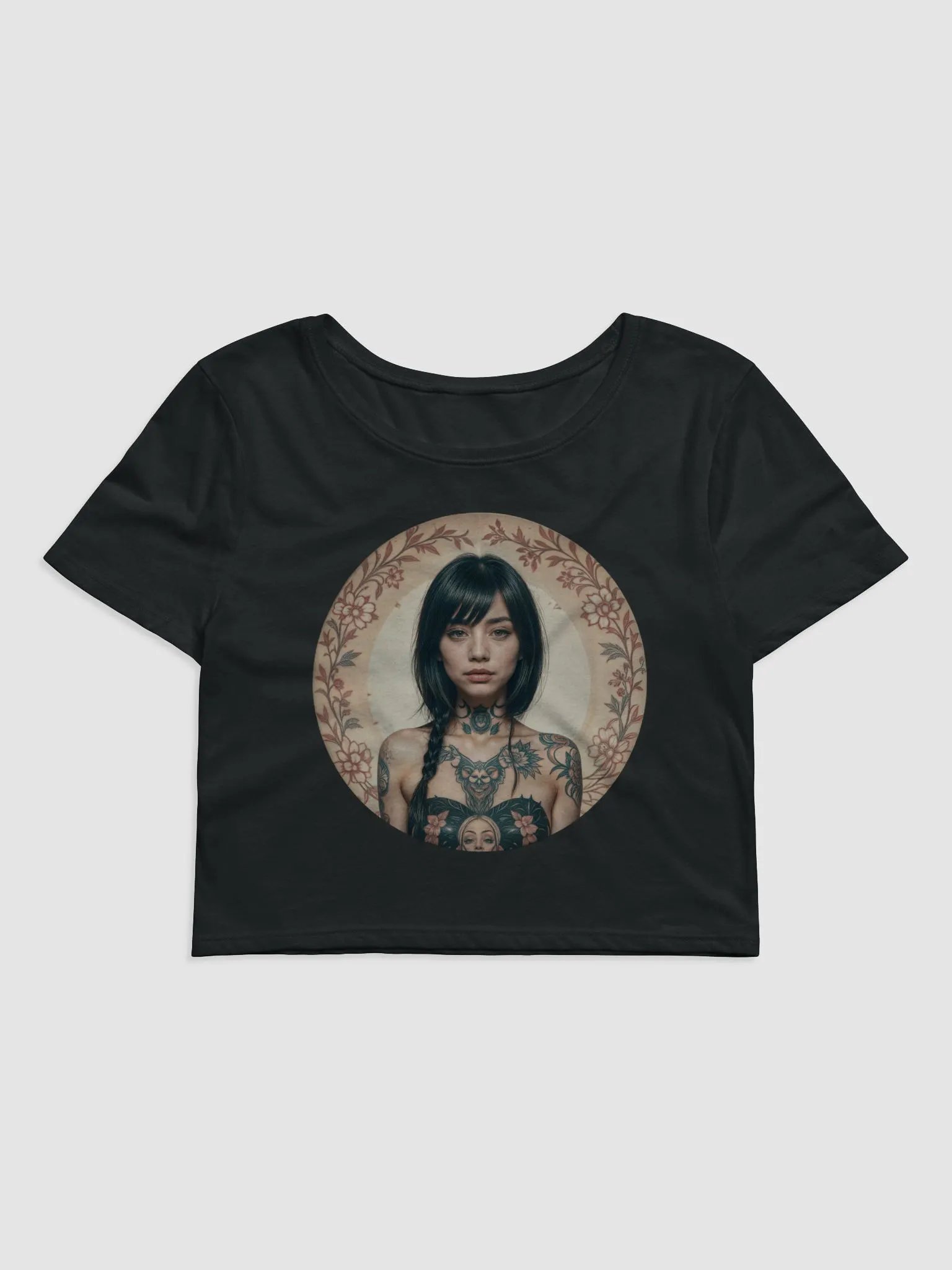 A woman with tattoos on her chest and arms, framed by a floral design product image (3)