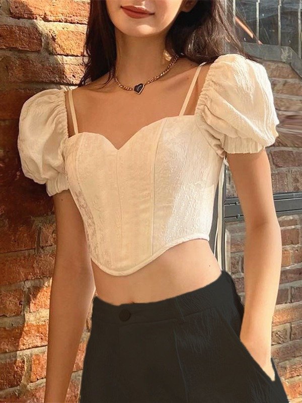 Summer Sexy French Style Square Collar Back Bow Puff Short Sleeve Top product image (3)
