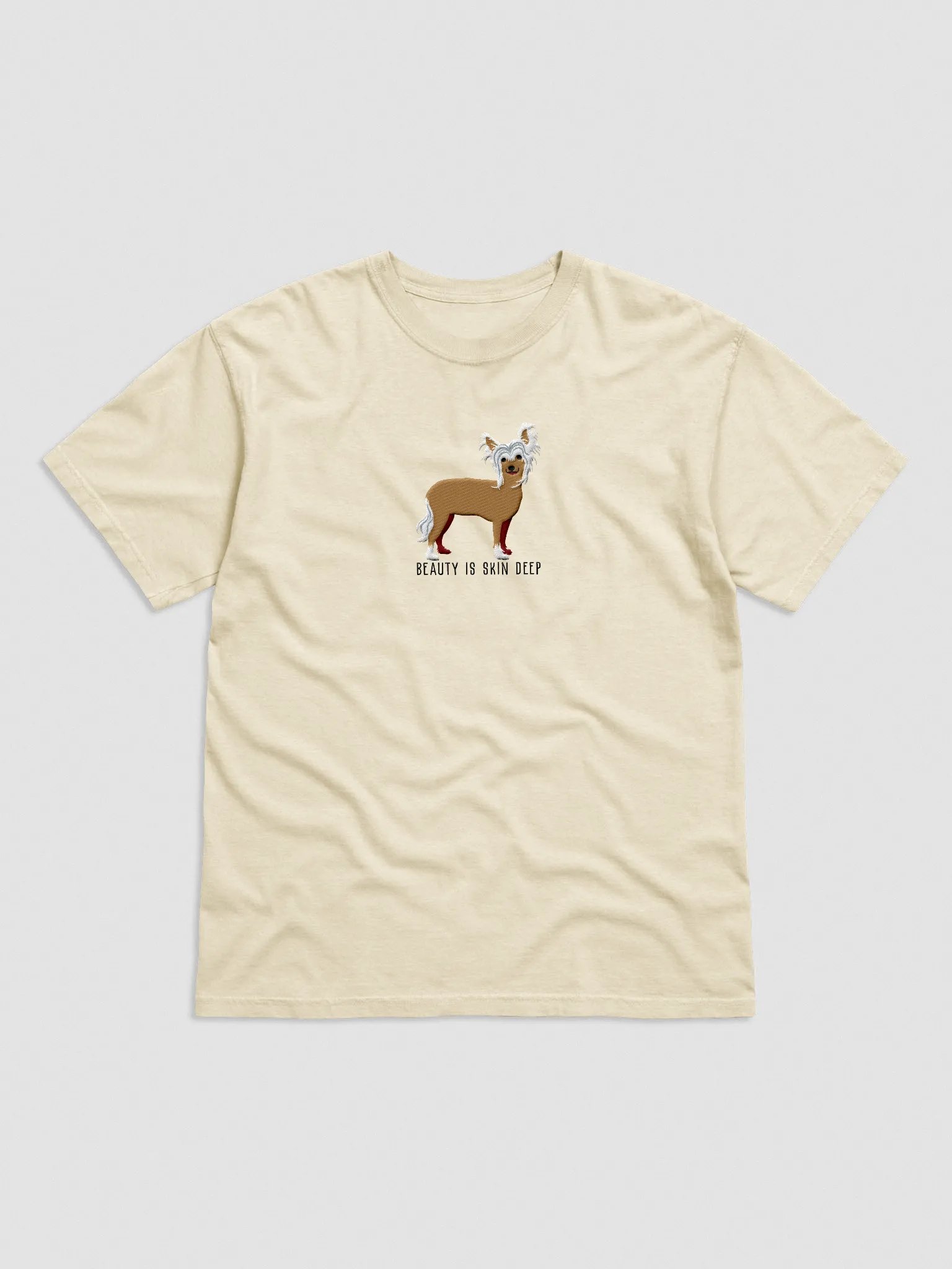 Beauty Is Skin Deep T-Shirt(Embroidered) of a Chinese Crested Dog(Tan) product image (4)