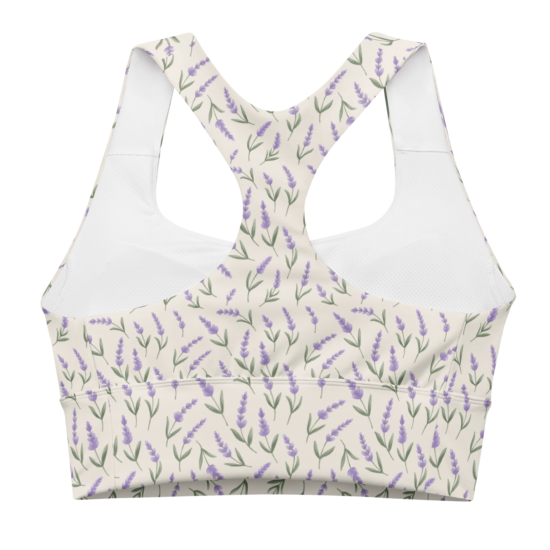 All-Over print recycled longline sports bra with lavender pattern on beige background product image (4)