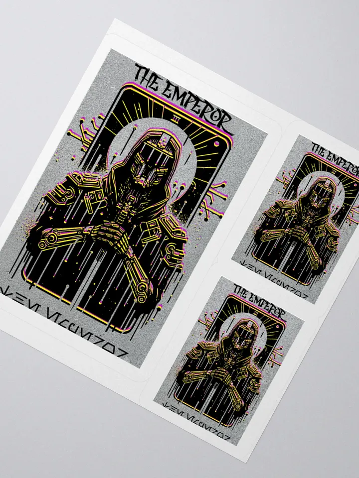 Cyberpunk Tarot Sticker – "The Emperor" Card with Hooded Leather Coat, Armored Gauntlets & Sword – Futuristic Graffiti Stencil Vinyl Decal product image (6)