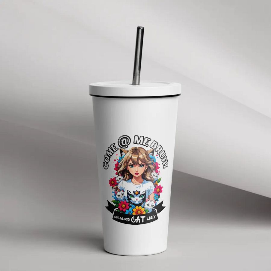 Childless Cat Lady 20 oz Tumbler Cup - White - Insulated Tumbler with a Straw product image (12)