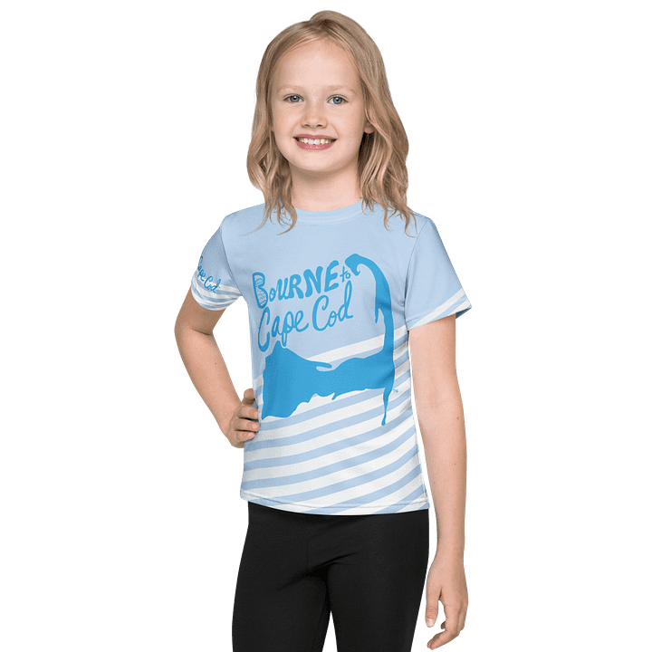 Girls' | Little Kids T-Shirt | BOURNE to Cape Cod™ | Front & Sleeve Logo | BRN.2C.C.™ Back Graphic | Vibrant Coastal Tee for Kids | Blue Logo on Skyline Stripes product image (1)