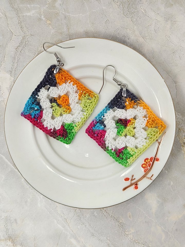 Crocheted Granny Square Earrings (Hypoallergenic) product image (2)