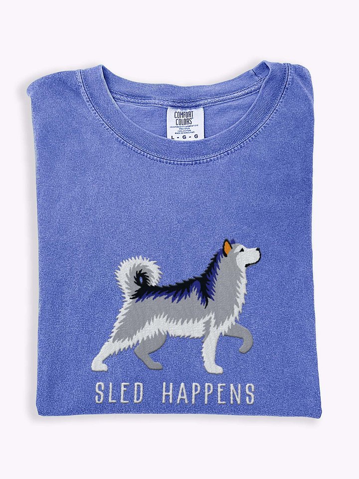 Sled Happens T-Shirt(Embroidered) of an Alaskan Malamute(Gray & White) product image (1)