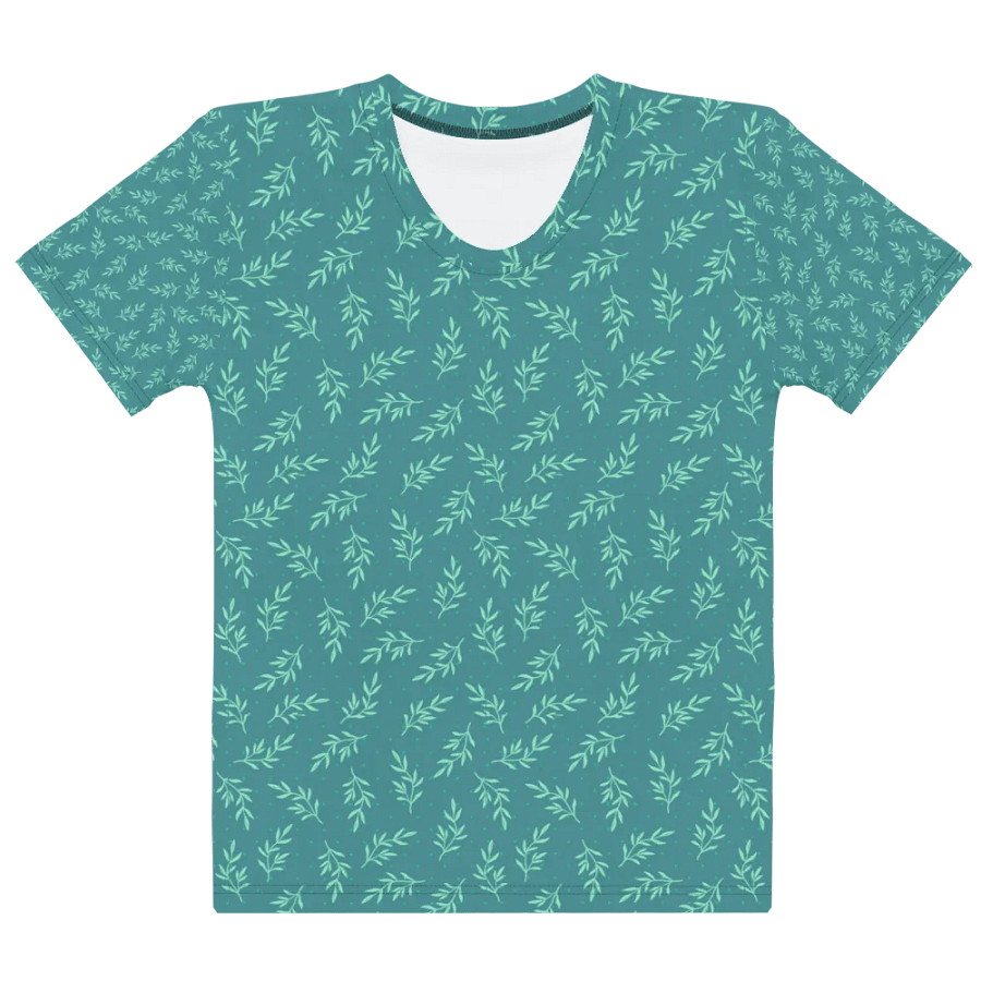 Ladies T shirt all over print teal color  leafy design  giving a fresh healthy feel. product image (9)