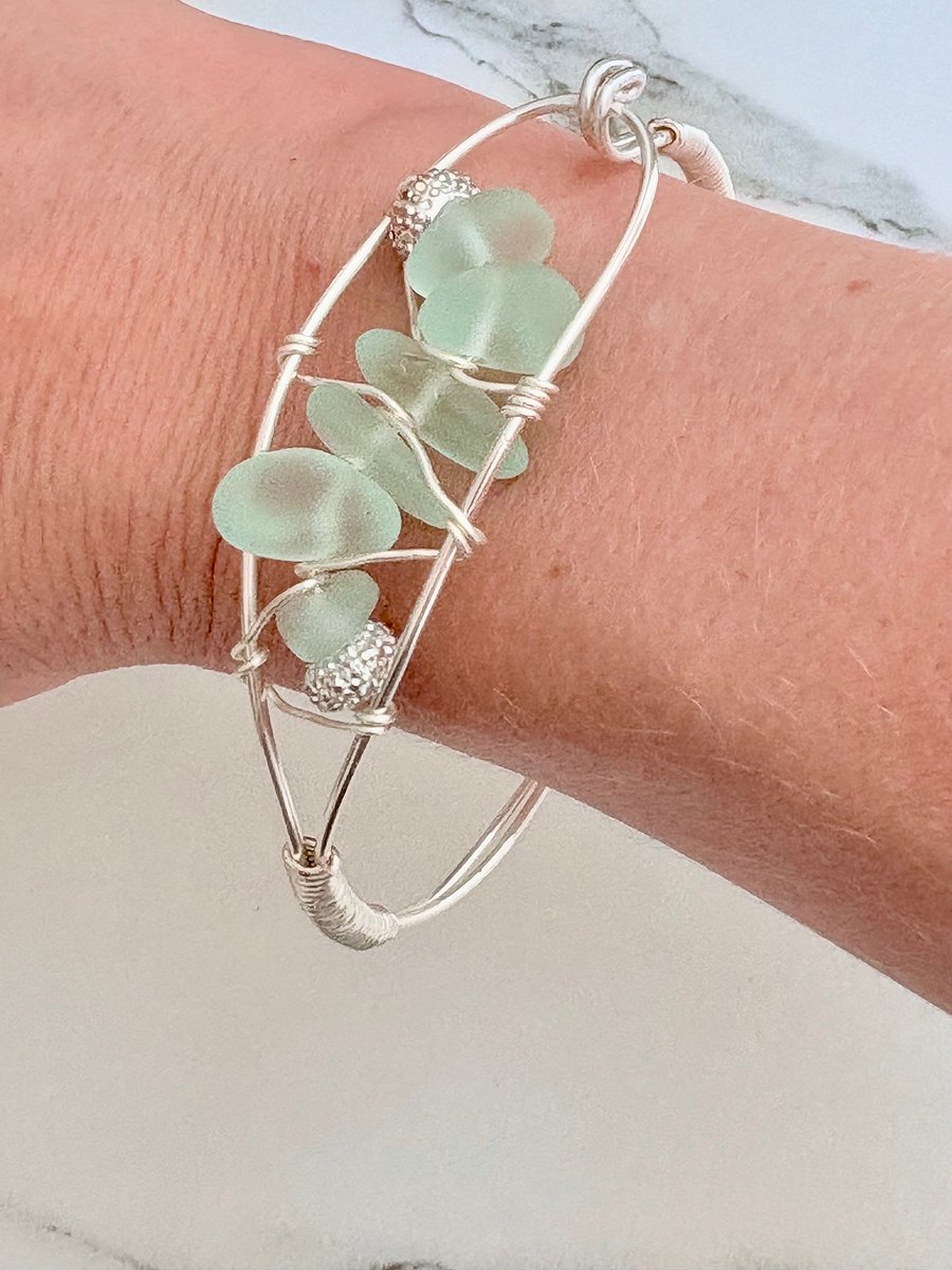 Seafoam Pebble Tide Bracelet | Wire-Wrapped Sea Glass | Handmade 7.5" Coastal Charm by Monique Faella Designs™ | MFD-00197 product image (6)