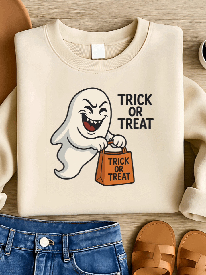 Haunted Laughing Ghost Sublimation PNG – “Trick or Treat” Funny Halloween T-Shirt Design – Playful & Spooky – 300 DPI Instant Digital Download product image (1)