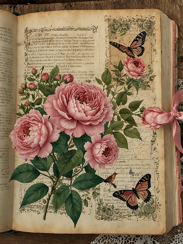 Set of 8 Antique Book Pages with Garden Roses No.R245 product image (8)