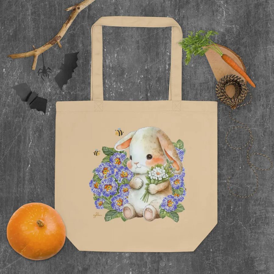 Garden Whispers: Bunny and the Primula Zebra Blues Organic Cotton Tote Bag - Eco-Friendly, Durable, Stylish product image (18)
