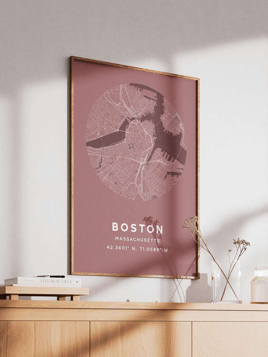Boston Street Map Poster – Red Minimalist Circular City Art product image (2)
