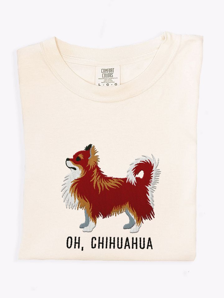 Oh, Chihuahua T-Shirt(Embroidered) of a Longhaired Chihuahua(Red Tricolor) product image (1)