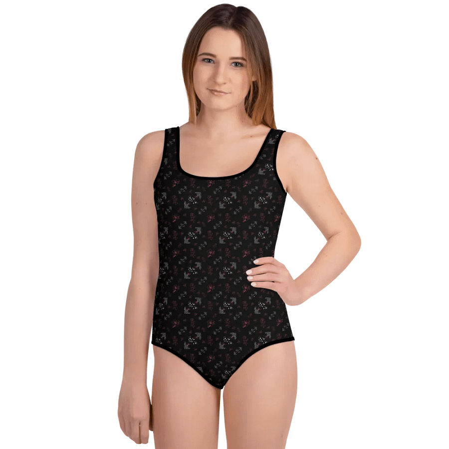 Magenta and White Flowers on Black One-Piece Youth Swimsuit product image (4)