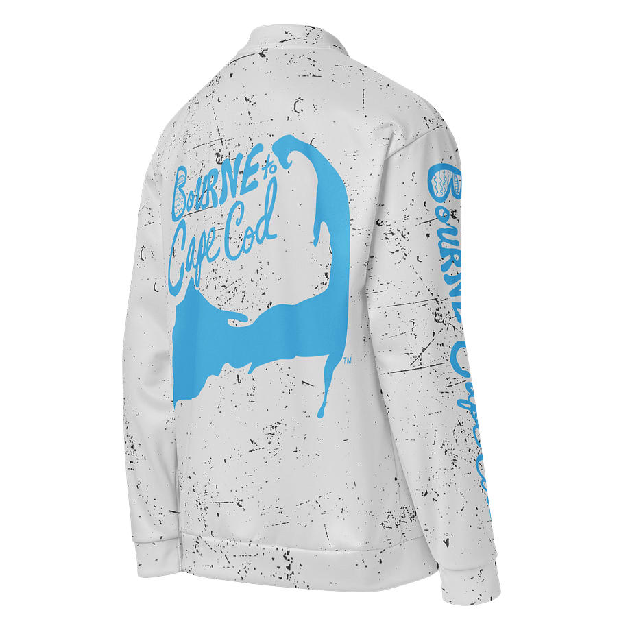 All-Over Print Bomber Jacket | Coastal Cool, City Bold | BOURNE to Cape Cod™ + BRN.2C.C.™ Style | Deep Sky Blue Logos on Distressed White product image (4)