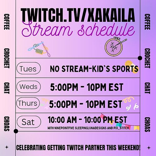 Stream schedule for the week! No stream today, my kiddos have a track meet. 

Wednesday will be crochet.

Thursday will be th...
