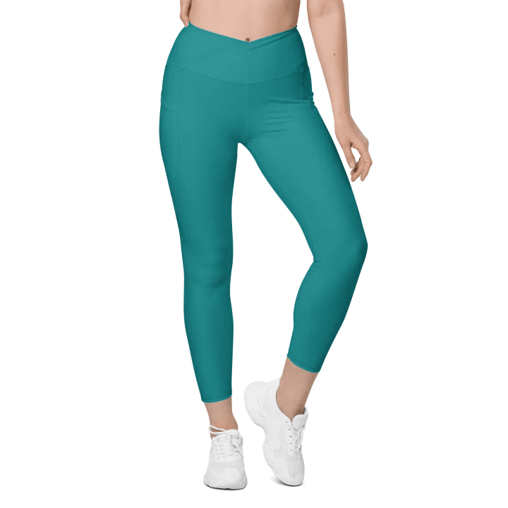 Plain Teal Green Light Summer Women's High Waisted Premium Crossover Leggings with Pockets by Treasure Pie product image (2)