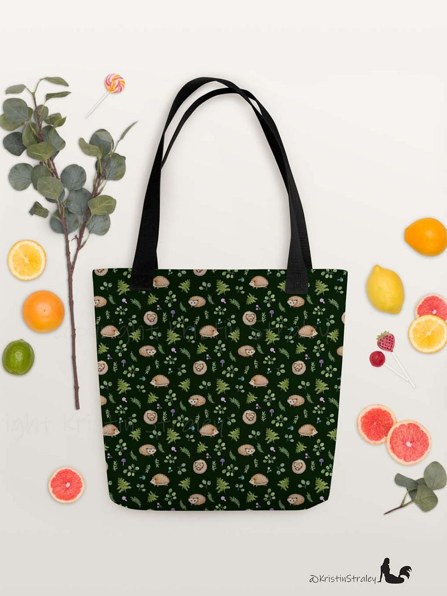 Hedgehogs with Ferns and Mushrooms on Dark Green Tote Bag product image (5)