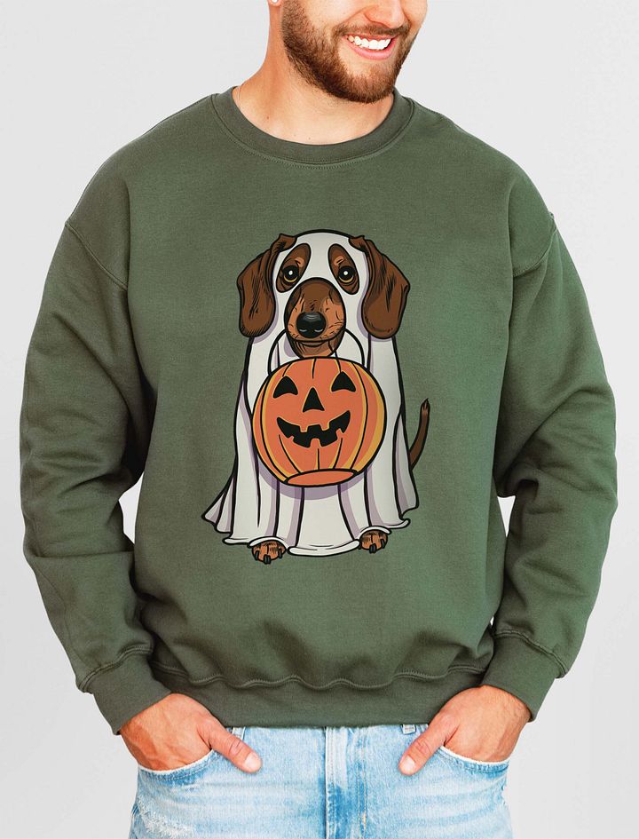 Funny Halloween Dachshund(Brown) Sweatshirt | Funny Doxie/Wiener Wearing a Ghost Costume and Holding a Pumpkin Basket product image (1)