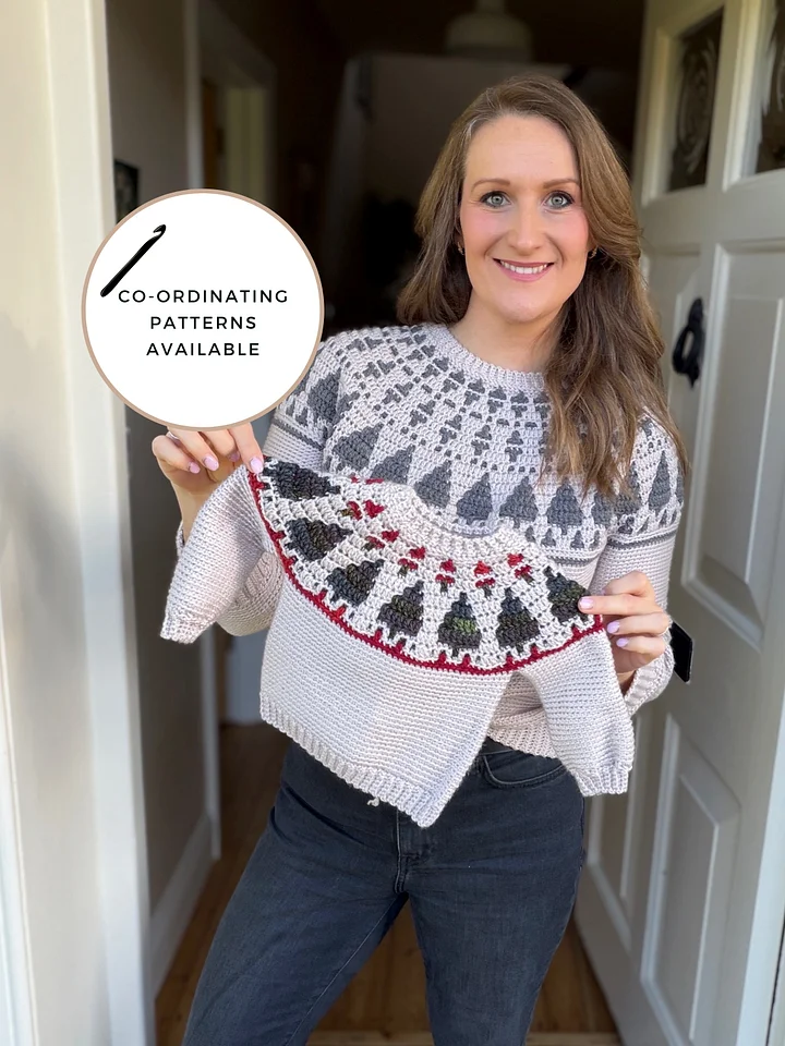 CROCHET PATTERN + VIDEO Twinkling Trees Mosaic Crochet Sweater Pattern — Top-Down Seamless Christmas Sweater for Adults (XS–5XL) product image (2)