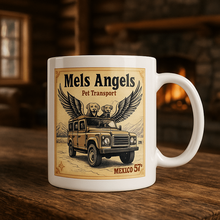 Mels Angels Pet Transport Enamel Mug | Vintage Mexico Travel Cup | Dog Lover Gift, Adventure Coffee Mug, Enamel Camp Mug product image (1)