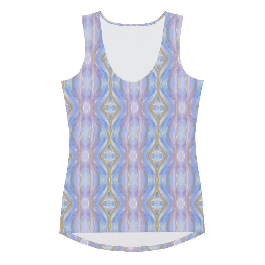 Ladies all over print tank top with soft  pastel blues and pinks.. Stylish and chic for the lady who likes the unusual. product image (3)