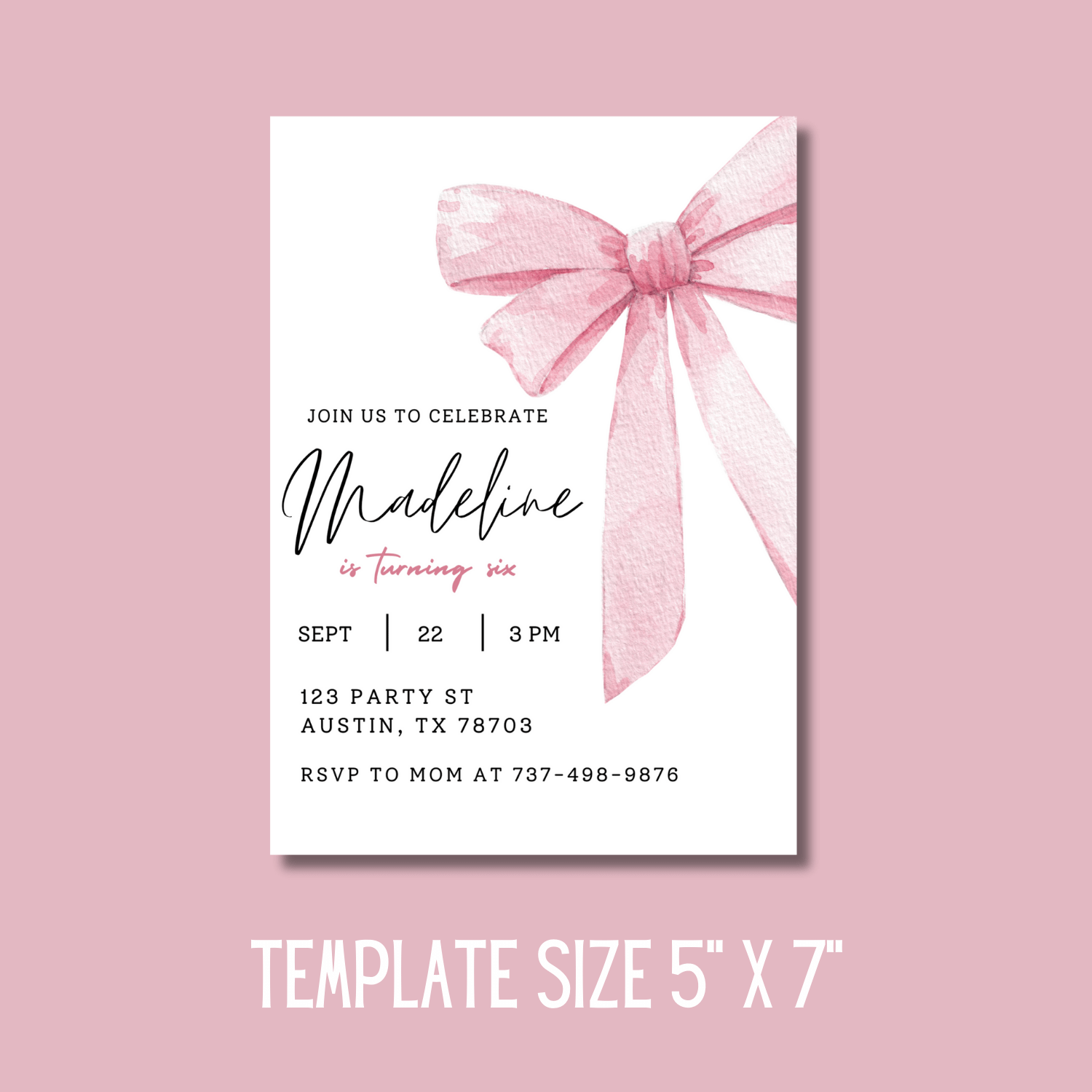 Pink Bow Birthday Invitation Template – Canva Editable Invitation for Girls product image (5)