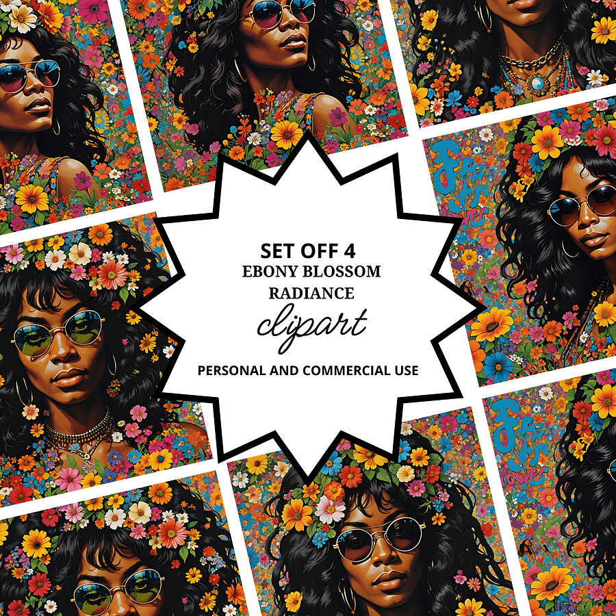 Ebony Blossom Radiance - Vibrant Floral Afro Woman Clipart, Colorful Flower Background, Artistic Digital Illustration for Crafts product image (1)