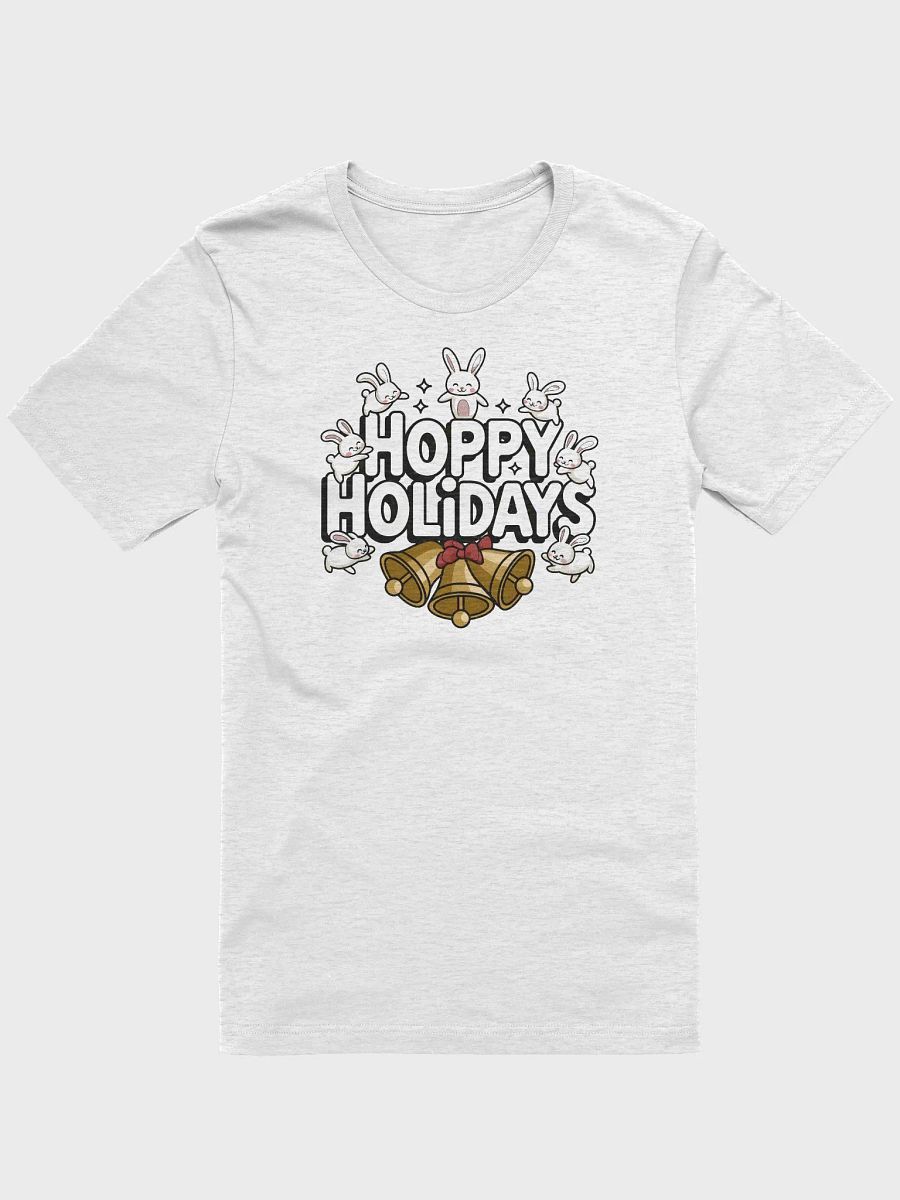 “HOPPY HOLIDAYS” t-shirt, Holiday-themed shirt, Playful rabbit design, Perfect for holiday celebrations, Fun gift idea for friends and family, Unique festive fashion, Light-hearted holiday, gift idea product image (1)