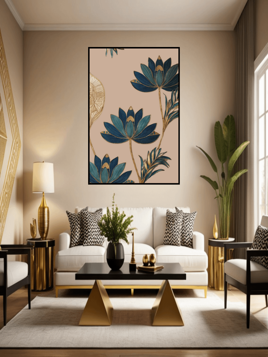 Elegant Lotus Art Printable – Blue & Gold Minimalist Wall Decor product image (1)