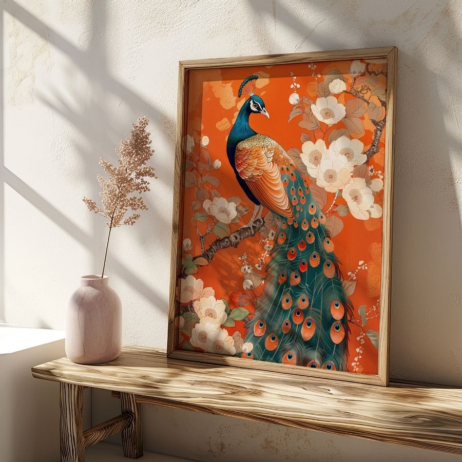 Art Nouveau Peacock on Orange Floral Art Print product image (19)