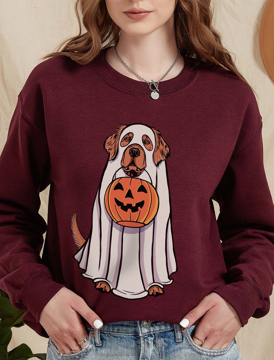 Funny Halloween Golden Retriever(Red) Sweatshirt | Funny Goldie Wearing a Ghost Costume and Holding a Pumpkin Basket product image (10)