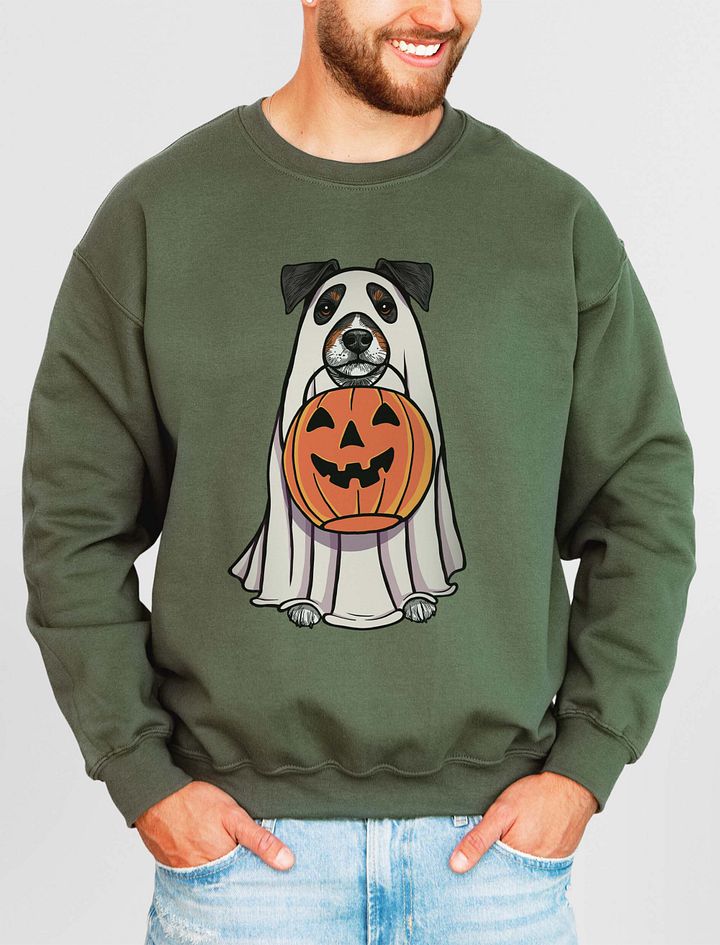 Funny Halloween Jack Russell Terrier(Tricolor) Sweatshirt | Funny JRT Wearing a Ghost Costume and Holding a Pumpkin Basket product image (11)