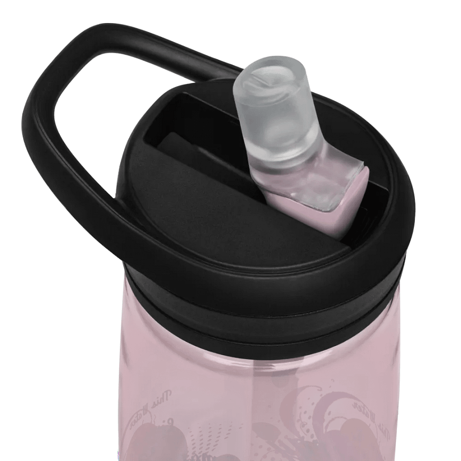 Camelback water bottle with beautiful swirly pink and green water drop splash and drops design featuring ' This water gives me Energy