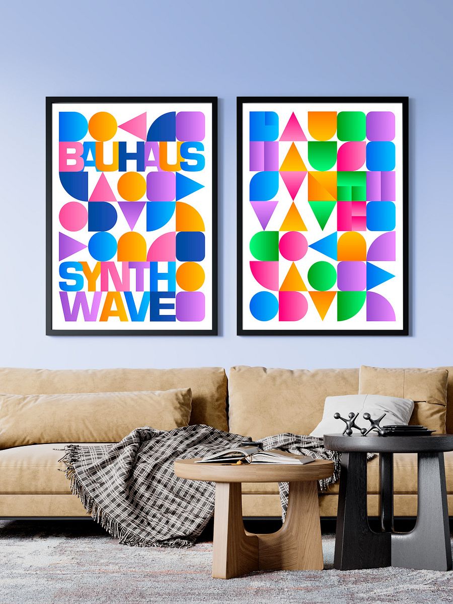 Synthwave Bauhaus Rainbow poster #1 (pink-blue-yellow) — abstract poster product image (2)