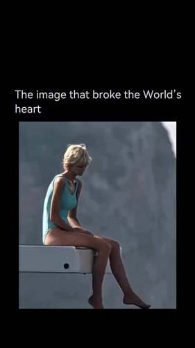 Taken on Aug. 24th, 1997, the photo shows Diana sitting alone on the edge of a diving board in a turquoise one-piece swimsuit...