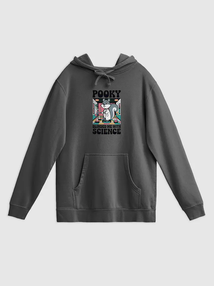 Super Premium Hoodie: Image on both Sides, Pooky Blinded me with Science, retro in pooky's lab with 70s font product image (1)
