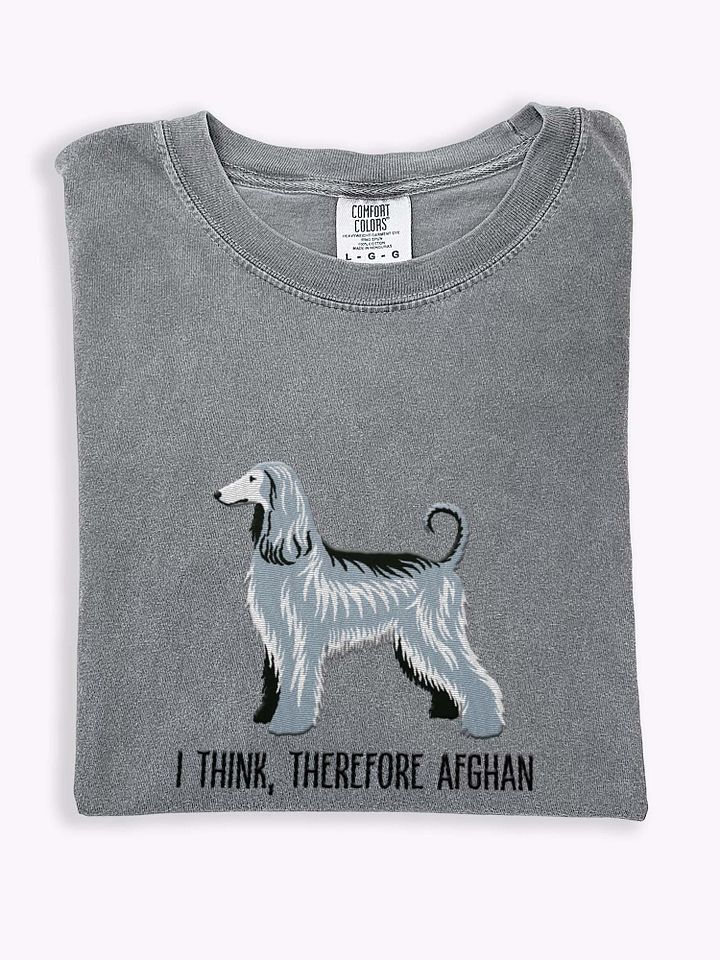 I Think, Therefore Afghan T-Shirt(Embroidered) of an Afghan Hound(Gray/Blue) product image (1)