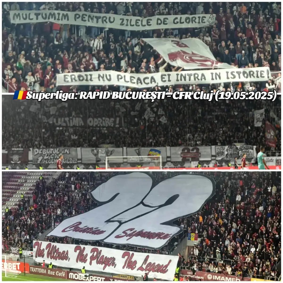 🇷🇴Superliga: RAPID BUCUREȘTI - CFR Cluj (19.05.2025)  1. „ Mulțumim pentru zilele de glorie / Eroii nu pleacă, ei intră în istorie ” 2. „ Ultima oprire ” 3. „ The Ultras, The Player, The Legenda ” 4. „ 22 pentru eternitate/ Rămâi căpitanul Rapidului până la moarte” 5. „ Ai fost glasul tribunei pe teren / Și scutul Rapidului în luptă/ Pentru noi nu e un final / E începutul legendei numite Cristian Săpunaru ” . . . #Superliga #Ultras #UltrasWorld #WorldOfUltras #UltrasAgainstModernFootball #Tifo #Tifosi #Pyro #NopyroNoParty #Fotbal #FotbalRomanesc #UltrasRomania #RomanianUltras #Liga1 #Romania #Rapid #RapidBucuresti #fcrb #RapidGiulesti #HaideRapid #RapidCFR #Arenanationala #NationalArena #rapidbucuresticfrcluj #galerierapid #peluzanordrapid #sapunaru #cristisapunaru