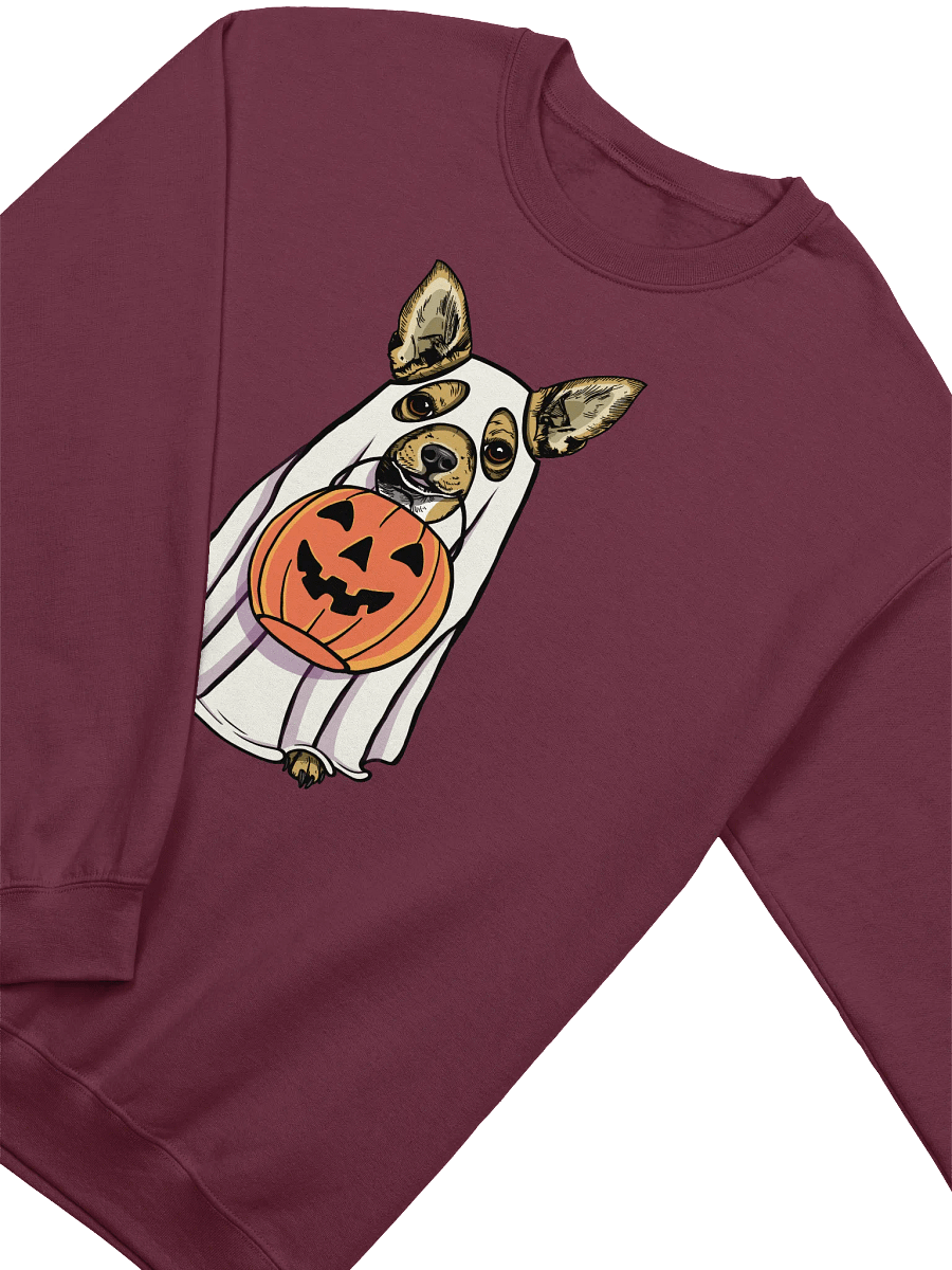 Funny Halloween Chihuahua Sweatshirt | Funny Chihuahua Wearing a Ghost Costume and Holding a Pumpkin Basket product image (13)