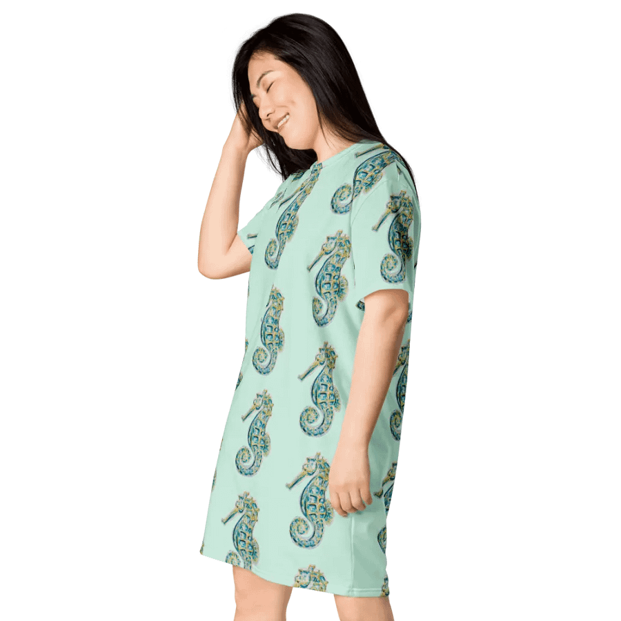 Women's | Ocean Majesty | Painted Seahorse | T-Shirt Dress | Coastal Oversized Dress | Ocean-Inspired Casual Style | Hummingbird Background product image (3)